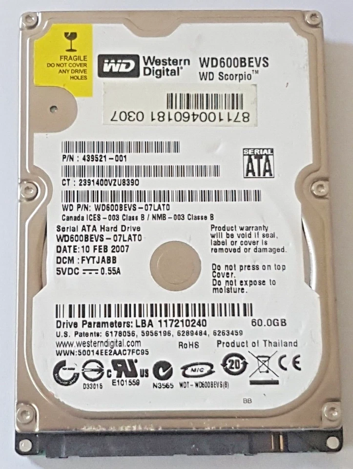 60 GB SATA Western Digital WD600BEVS-07LAT0 5400RPM 8MB HDD 2.5" Hard Drive - Image 1 of 1