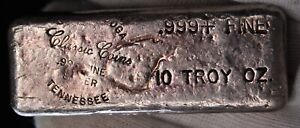 Vintage CLASSIC COINS TENNESSEE Rare Old Pour 10ozt 999 Fine Ingot Bar J239