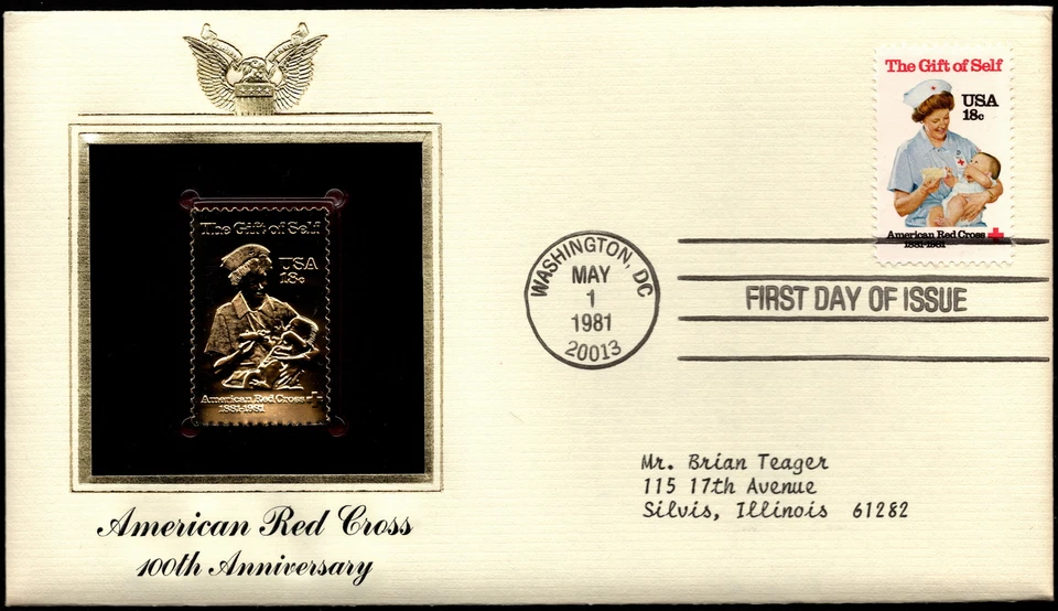 US - 1981 - 18 Cents American Red Cross Gift of Self Gold Replica FDC # 1910 VF - Image 1 of 1
