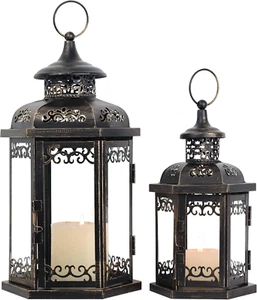 Large Lantern Decorative Outdoor & Indoor, Set of 2 (15’’&11’’) Metal Candle Lan - Picture 1 of 12