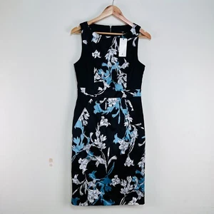 Cue Pencil Dress Black Floral Hourglass Silhouette 10 White Ice Blue Satin - Picture 1 of 20