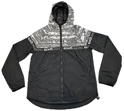 ECKO UNLTD Rawthentic Windbreaker Jacket Size SMALL Hooded Black Gray Zip Up - Image 1 of 4