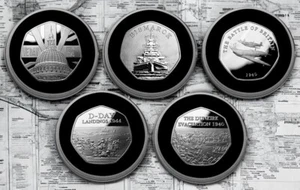 5 monedas conmemorativas de plata de la Segunda Guerra Mundial. Dunkerque, Día D, Día VE, Bismarck. Segunda Guerra Mundial - Imagen 1 de 15