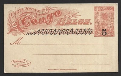 Congo Belga 1910 5c sobre 10c naranja marrón/amarillo buff tarjeta postal sin usar. HG #32 Foto 1 de 2