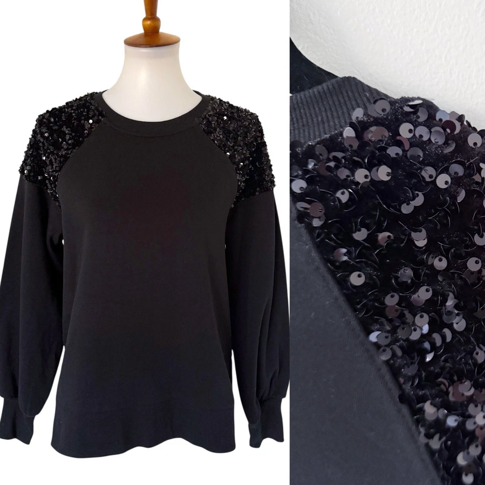 Maurices Women Sz Small Black Sequin Shoulder Pullover Sweatshirt W/ Side Spilt - Image 1 of 4