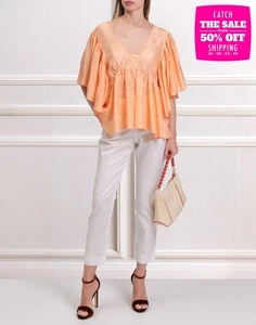 RRP€391 FORTE_FORTE Silk Top Size 2 M Ruffles Short Sleeves V-Neck Made in Italy - Picture 1 of 7