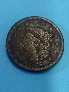 1838 large cent f vf transitional head braided matron copper coin - Picture 1 of 2