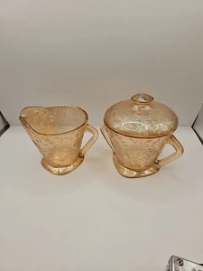 Vintage Floragold Louisa Depression Zucker mit Deckel & Milchkännchen Set Jeanette Glas - Bild 1 von 19