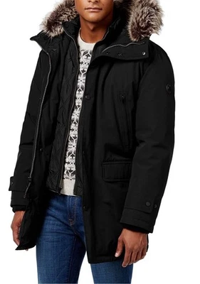 EUC Men Sz L Black Faux Fur Hood Puffer Parka Jacket Winter Warm Coat 121549 - Image 1 of 4