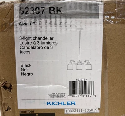 Kichler Aivian 23 pol. Candelabro industrial preto 3 luzes vidro transparente 52397BK - Imagem 1 de 2