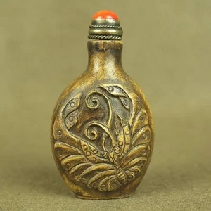 Qing Dynasty Antique Two Sided Carved Butterfly Chinese Old Stone Snuff Bottle - Picture 1 of 8