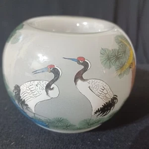 Beautiful Reverse Painted Candle Holder With Cranes And Trees. 3"h × 4"w - Picture 1 of 8