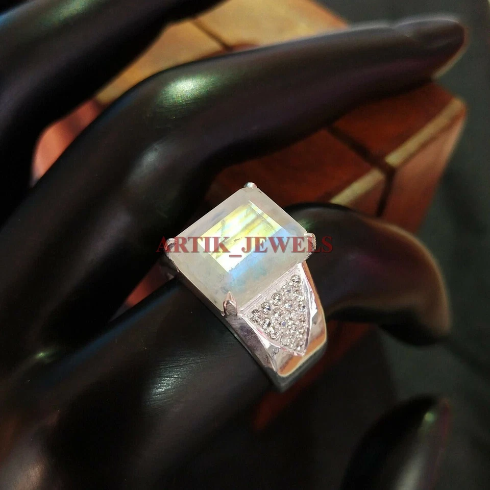 Naturale Pietra Lunare Arcobaleno Con 925 Anello Argento Sterling per Uomo #2852 - Immagine 1 di 4