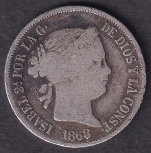 1868 Spanish Philippine ISABEL II 20 Centimos KM #146 Silver Coin, Stock- A10 - Picture 1 of 4