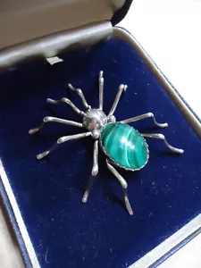Stunning Huge Malachite Silver Spider 5.8mm 2.2" Brooch Authentic Vintage Mint - Picture 1 of 12
