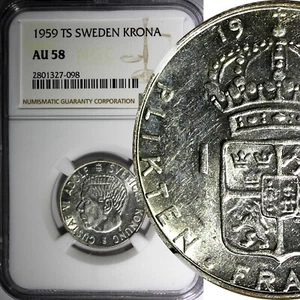 Sweden Gustaf VI Silver 1959 TS Krona NGC AU58  KEY DATE SCARCE KM# 826 (098) - Picture 1 of 4