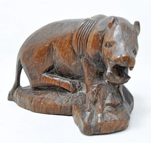 Antique Wooden Tiger Figurine Original Old Hand Carved - Picture 1 of 9