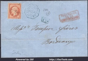 FRANCE N°23 SUR LETTRE ANCRE BLEUE + CAD OCTOGONAL CONSTANTINOPLE 22/02/1867 - Picture 1 of 2