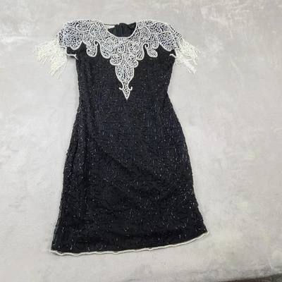 Scala Beaded Dress Silk Cocktail Party Fringe Black White Size L Whimsigoth - Image 1 of 4