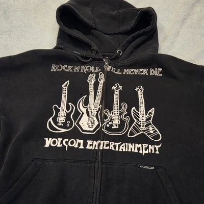 Vintage Volcom Hoodie Zip Up Black Y2K Rock N Roll Will Never Die Graphic Punk M - Image 1 of 4