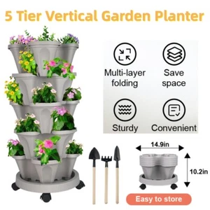 5 Tier Vertical Planter Stackable Planters Garden Tower Pot with Wheels & Tools - Picture 1 of 8