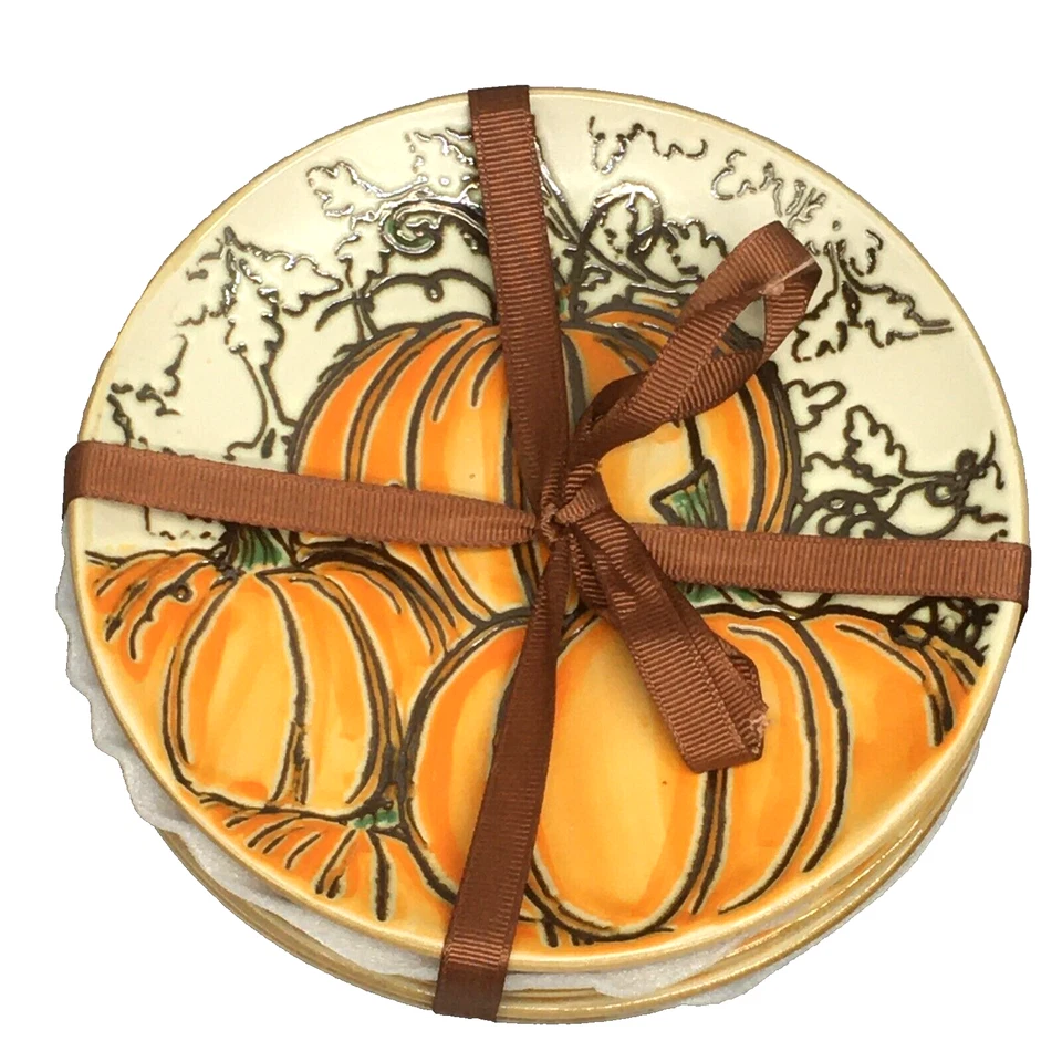 Spectrum Designz Pumpkin Fall Autumn Appetizer Side Cake Plates Set of 4