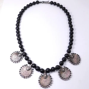 MODERNIST TUFA CAST STERLING SILVER ONYX BEAD NECKLACE - Picture 1 of 8