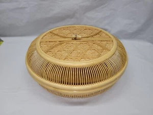 Vintage Asian Woven Bamboo Ratan Cage Basket Lid Fine Detail Spokes 10 Inch 5618 - Picture 1 of 21