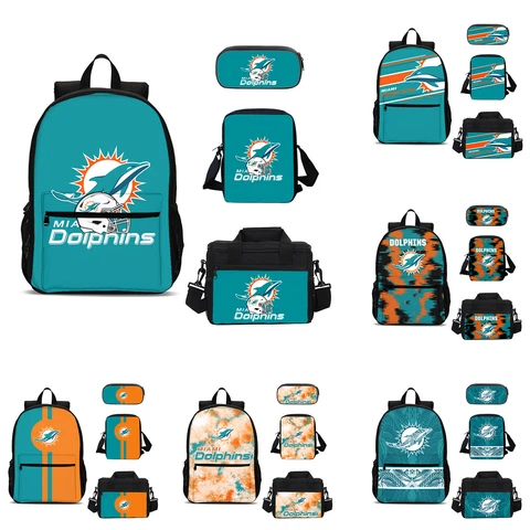 Miami Dolphins 4PCS School Backpacks Kids Lunch Bag Crossbody Bag Penilcase Gift Cover