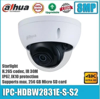Dahua 4K 8MP IPC-HDBW2831E-S-S2 Dome Network IP Camera 30M IR Starlight IVS IP67 - Image 1 of 4