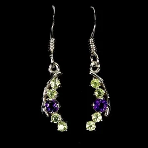 925 Sterling Silver Earrings Round Amethyst Peridot Natural Gemstone Jewelry - Picture 1 of 13