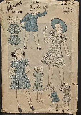 🖤 RARE Advance Pattern 2270; ca. 1939; Girls' Dress & Pantie, Size 2. - Image 1 of 4