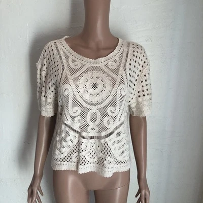 Esprit Cream Sheer Floral Knitted Crochet Embroidered Shirt Women’s Size M Top - Image 1 of 4