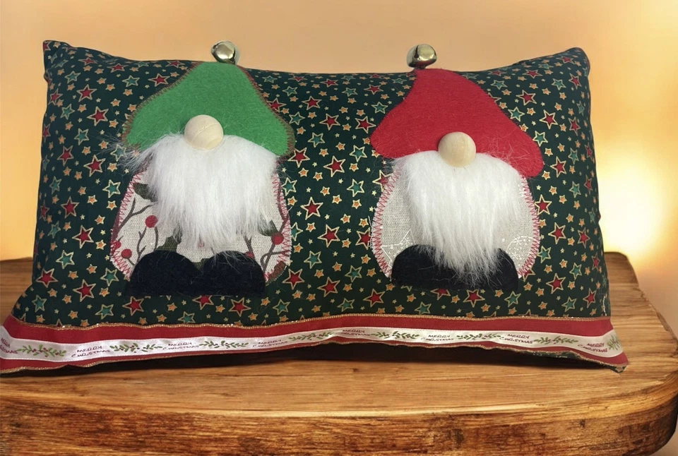 Handmade Christmas Scatter Cushion With Insert Decorated With Christmas Gonks - Image 1 of 1