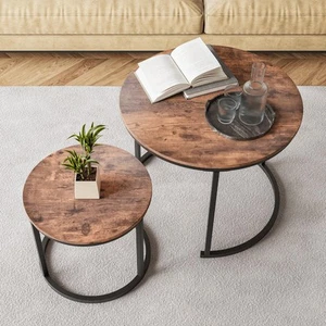 Round Coffee Table Set of 2 for Living Room Black Small Nesting Tables Metal - Picture 1 of 7