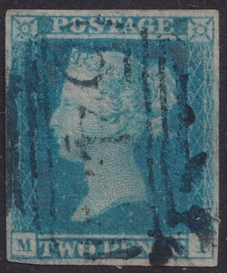 1841 2d Blue Plate 3 MI 4m BLUE 544 Newbury Numeral Fine Used SG 14 Cat. £850.00 - Picture 1 of 1
