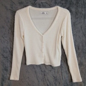 Hollister Women's Button Front Ribbed Fuzzy Cardigan Sweater Size Medium Ivory - Picture 1 of 12