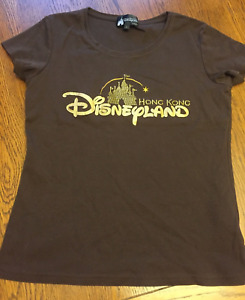 Disney Hong Kong Shirt Disneyland Brown & Gold Graphic Women's Shirt Size Large