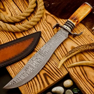 Cuchillo Bowie de Caza de Acero Damasco Hecho a Mano Personalizado 15" Raro con Funda de Cuero - Imagen 1 de 11