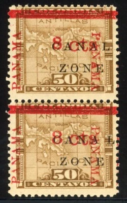 Canal Zone 1904 Sc# 14 Mint Vertical Pair Bottom Stamp Spaced A-L in Canal LH/NH - Image 1 of 2