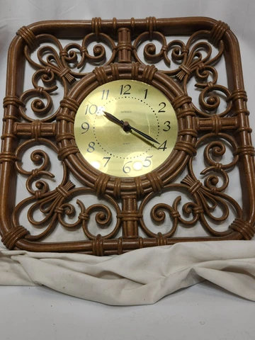 SYROCO Vintage Mid Century Scroll wood Modern Square Wall Clock 1091 17x17 resin Cover
