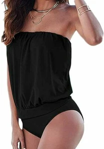 Women's Shirring Stretch Seamless Strapless Bandeau Ribbed Tube Tank Swimwear - Picture 1 of 25