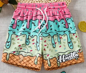 Boys Baseball Pink Blue Ice Cream Cone Drip Sprinkles Swim Trunks Board Shorts - Picture 1 of 5