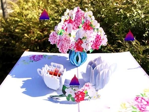 3D Pop Up Greeting Card Flower Floral Tea Birthday Mom Mother’s Day Garden Gift - Picture 1 of 9