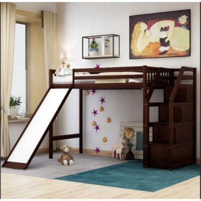 Wood Loft Bed w/ Slide and Stairs Twin Size Platform Bed Frames For Kids Adults - Image 1 of 4