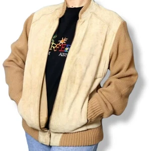 Vintage 80s Suede Wool Knit Granma Jacket Grandpa Cream Beige Indi Grunge Bomber - Picture 1 of 6
