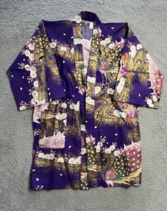 Vintage Juguemm Japanese Kimono Robe Women Size 35 Birds Purple Gold - Picture 1 of 17