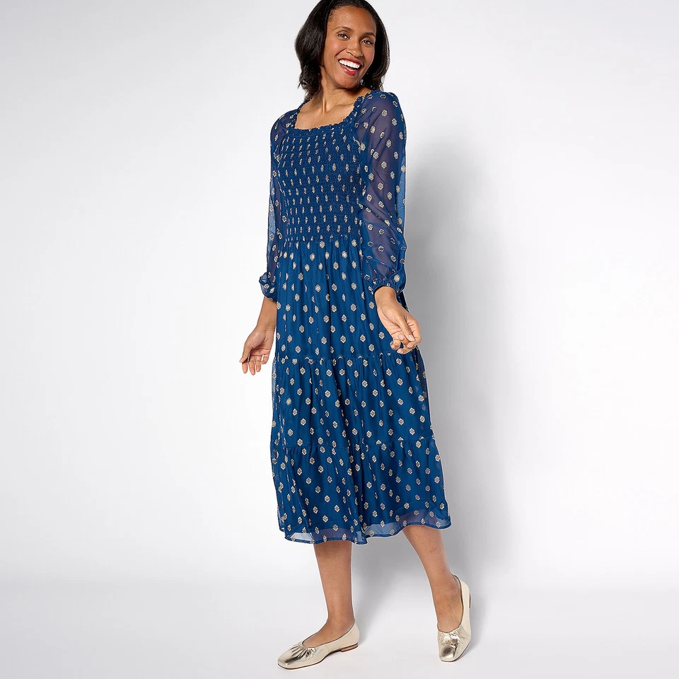 Denim & Co. Canyon Retreat Sz 3X Smocked Jacquard Midi Dress BLUE A628517 - Image 1 of 1