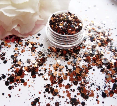 Nail Art Chunky *Fire* Rose Gold Black Hexagon Glitter Spangle Mix 5ml Pot Craft