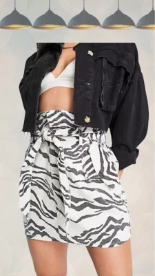 Ex River Island Co-ord Zebra Print Paperbag Mini Skirt in Ecru (A Bit Defect) - Image 1 of 3